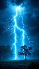 Wall Mural - a powerful lightning bolt illuminates a dark night sky with a vibrant blue electric field