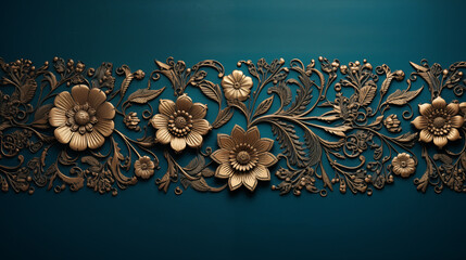 Poster - A gold leafed design with flowers is on a blue background