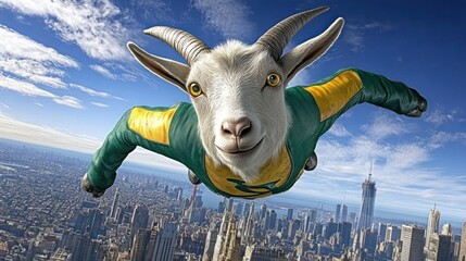 Wall Mural - Funny goat super hero flying over New York City.