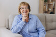 Smiling senior blonde haired woman looking at camera, happy old lady in glasses posing at home indoor, positive single senior retired female sitting on sofa in living room headshot portrait