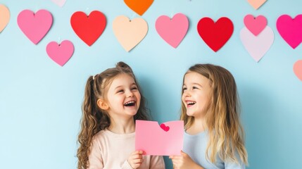 Friendship and laughter: young girls sharing a heartfelt love note surrounded by colorful hearts