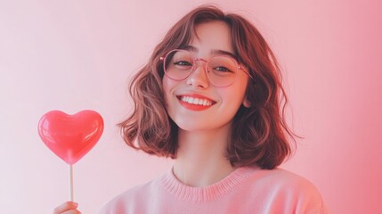 Young woman smiling with heart shaped lollipop on pink background