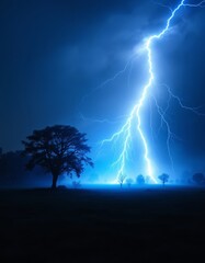 Wall Mural - a dramatic night scene of a lightning bolt striking the ground with a glowing electric field