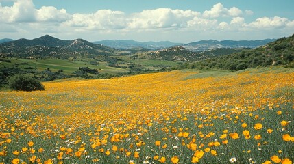 Aufkleber - Fresh green hills roll gently beneath a vivid blue sky, dotted with fluffy clouds. A lush carpet of blooming flowers adds brilliant yellow hues to the landscape, inviting tranquility and joy