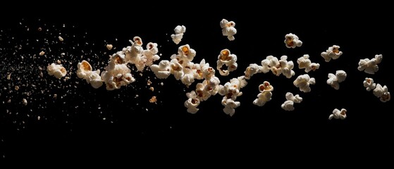 Popcorn kernels exploding in air against a dark background, capturing the essence of fresh snacks for movie nights or celebrations. Perfect for food and event themes.