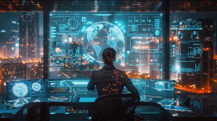 Canvas Print - Futuristic woman in control room with holographic displays overlooking a night cityscape.