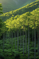 Poster - Sunlight Dappled Forest Trees On A Mountainside