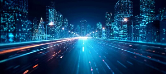 Aufkleber - Virtual digital highway technology with city building. Fast speed motion effect. Generative video AI technology.	
