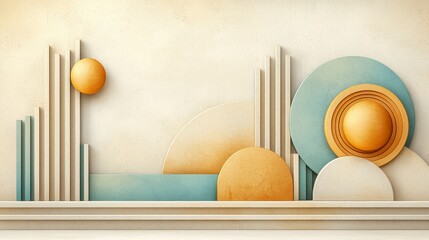 Poster - Abstract geometric composition with shapes, curves, sun, and gradient textures in soft pastel color palette