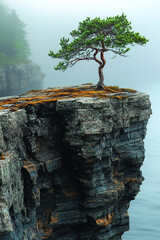 Wall Mural - Lone Pine Tree on a Misty Coastal Cliff