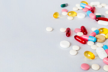 Wall Mural - Many different colorful medication and pills perspective view. Set of many pills on colored background