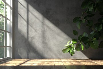 Wall Mural - Sunlit room interior with wooden floor, concrete wall, and plant.