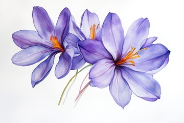 Wall Mural - Watercolor painting of three purple crocus flowers.