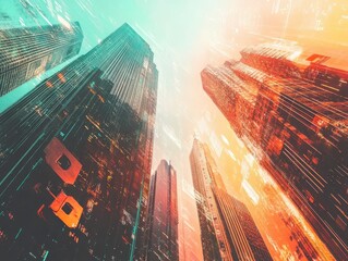 Poster - Urban Metropolis Skyline Digital Art: Futuristic Cityscape at Sunset