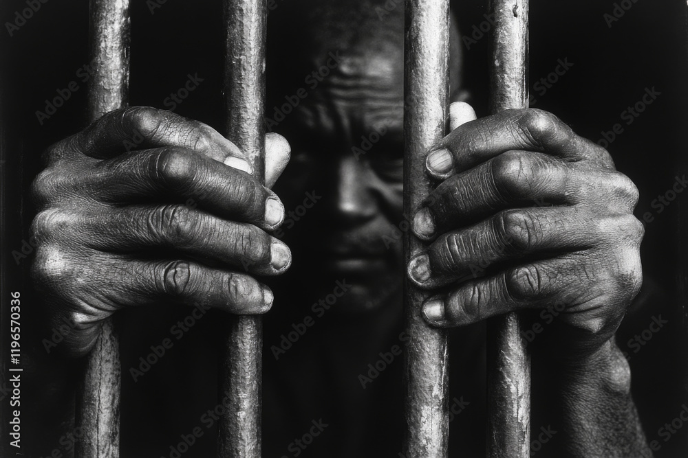 Someone In Prison Wrinkled hands gripping metal bars of jail cell. Male prisoner in ...