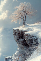 Wall Mural - Winter Tree Stands Alone on Snowy Cliff Overlooking Frozen Lake