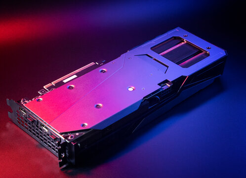 Modern video card for a powerful gaming computer on a dark background.
