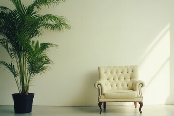 Wall Mural - Cream armchair and potted palm tree against a white wall.