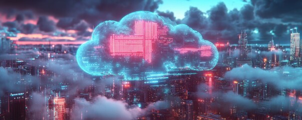 Wall Mural - cloud computing technology, digital cityscape, neon lights, urban skyline, futuristic atmosphere, te