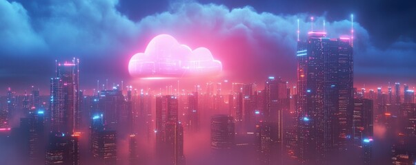 Wall Mural - cloud computing technology, digital cityscape, neon lights, urban skyline, futuristic atmosphere, te