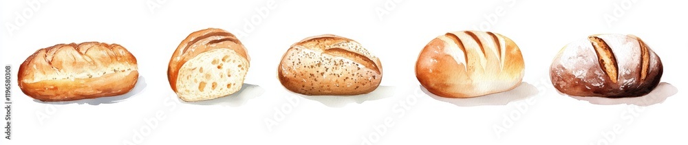 Five types of bread loaves, including sliced, whole, and variations in ...
