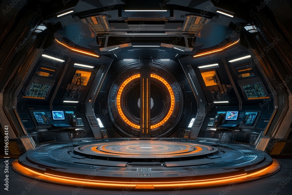 Futuristic spaceship control room interior with circular platform and ...