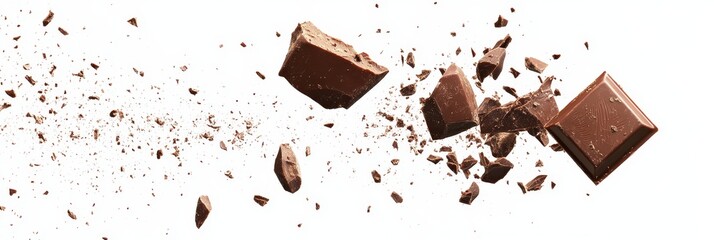 Broken chocolate pieces isolated on white background.