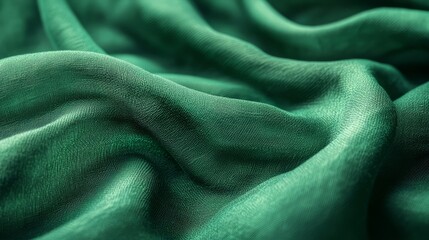 Close-up of emerald cotton fabric with natural creases, adding character to the fabric's smooth surface