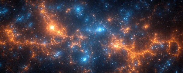 Wall Mural - cosmic background, abstract design with glowing blue and orange particles, creating a sense of depth