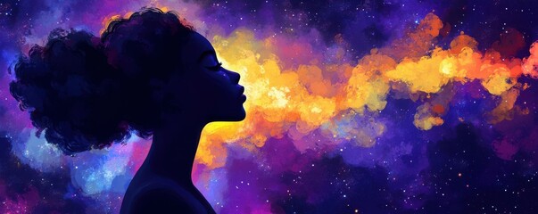 Wall Mural - cosmic silhouette, stars, galaxy, nebula, dream, universe, contemplation, space, woman, night sky, c
