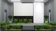 © rusli - 3d illustration design stage backdrop LED TV projector screen cover black curtain with backdrop white and plants for logo company. Image for event exhibition presentation speaker.
