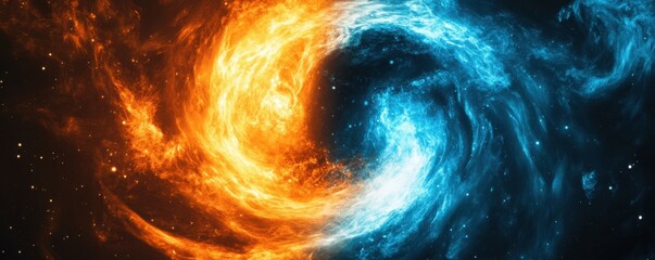 Wall Mural - cosmic swirl, galaxy fusion, warm and cool colors, orange and blue, abstract design this image depic