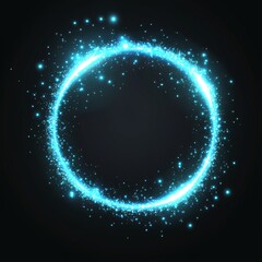 Wall Mural - glowing blue circular light frame with sparkles on black background.