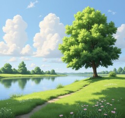 green tree beside path and water on a sunny day