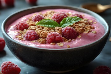 Wall Mural - Healthy Raspberry Smoothie Bowl with Granola and Fresh Mint Leaves