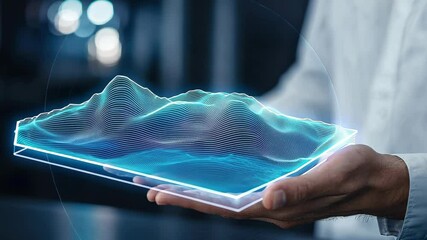 Poster - Futuristic Hand Holding Digital Waveform Visualization in Modern Laboratory Setting