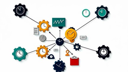 Poster - Workflow management illustration with gears, clocks, charts, and documents detail
