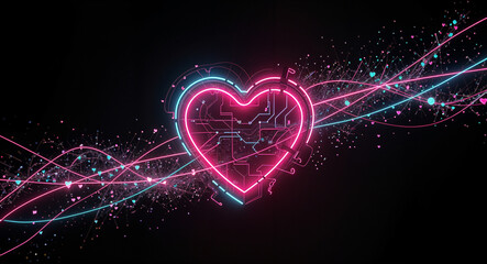 Poster - neon heart with circuit board lines abstract background . Generative AI