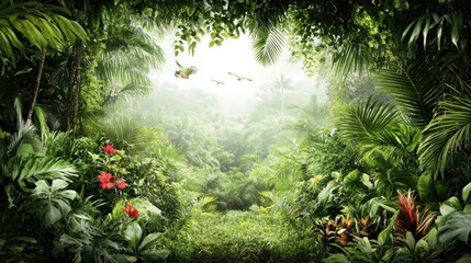 Sticker - Lush tropical jungle scene with birds flying through canopy. Vivid green foliage, vibrant flora, and a misty atmosphere.