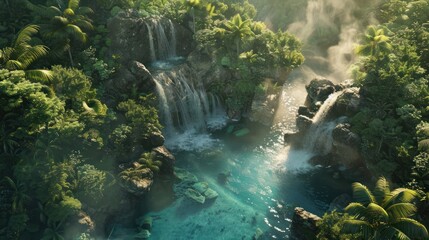 Sticker - Lush tropical rainforest with cascading waterfalls and turquoise river. Aerial view of a vibrant, natural paradise.