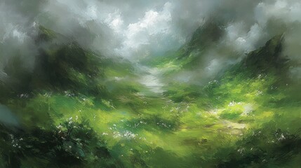 Poster - Lush valley nestled amongst misty mountains, vibrant greens and soft lighting.