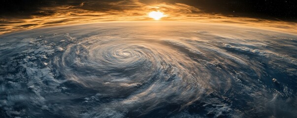 Wall Mural - earth seen from space, with swirling clouds and the sun rising on the horizon, illuminating the atmo