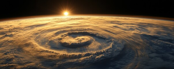 Wall Mural - earth seen from space, with swirling clouds and the sun rising on the horizon, illuminating the atmo