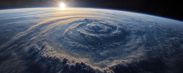 Wall Mural - earth seen from space, with swirling clouds and the sun rising on the horizon, illuminating the atmo