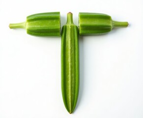 Three cut green okra pods on white background