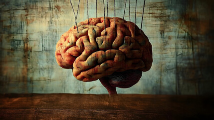 Poster - vivid human brain against a rich textured background with string symbolizing control and creativity 