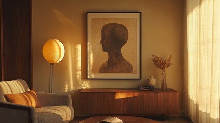 Wall Mural - A framed portrait of an abstract human figure in earthy tones with bold shapes is placed on the wall above a modern armchair and coffee table.