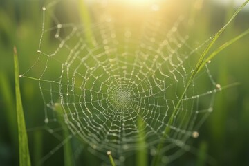 Macro of dew on spiderweb with soft bokeh of grass background