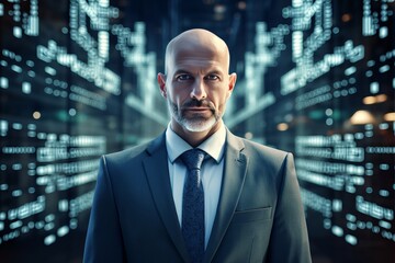 Poster - Confident professional stands among digital data streams in a futuristic setting