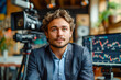 © photolas - A young man hosting a video blog session, engages with his audience about cryptocurrency trading, with dynamic digital charts displayed in the background.